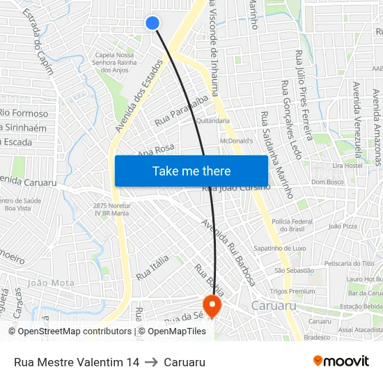 Rua Mestre Valentim 14 to Caruaru map
