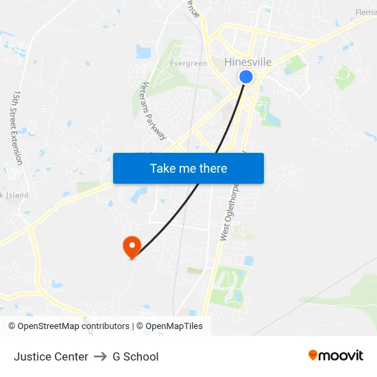Justice Center to G School map