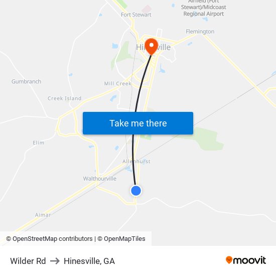 Wilder Rd to Hinesville, GA map