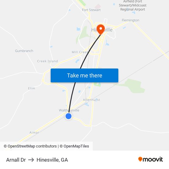 Arnall Dr to Hinesville, GA map