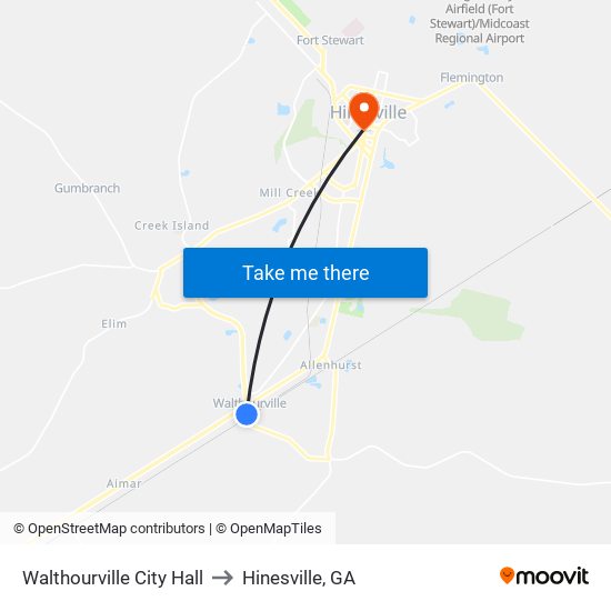 Walthourville City Hall to Hinesville, GA map