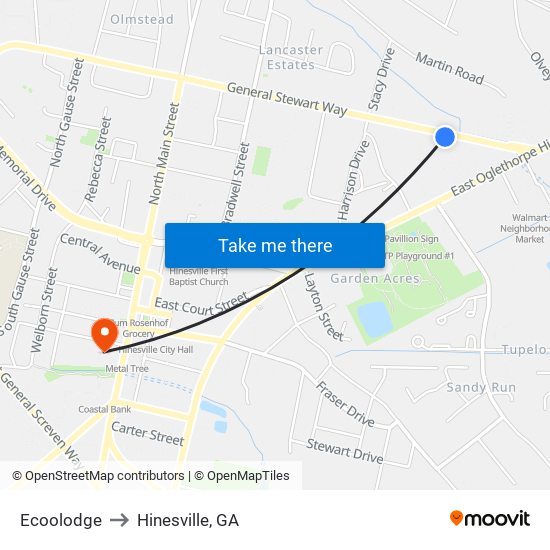 Ecoolodge to Hinesville, GA map