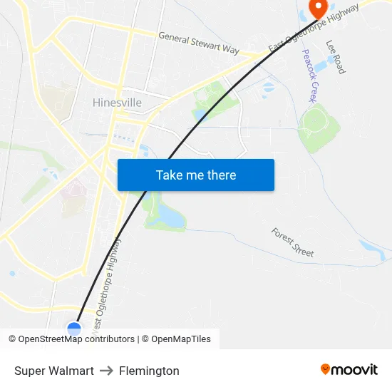 Super Walmart to Flemington map