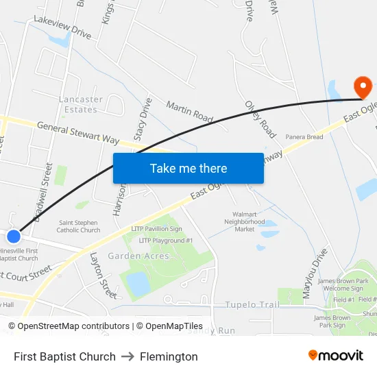First Baptist Church to Flemington map