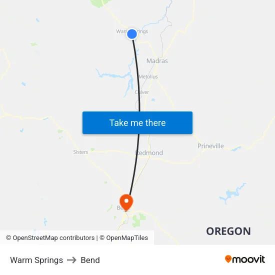 Warm Springs to Bend map