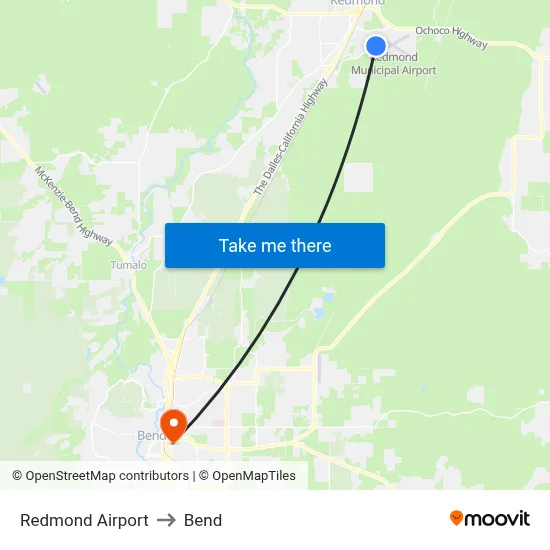 Redmond Airport to Bend map