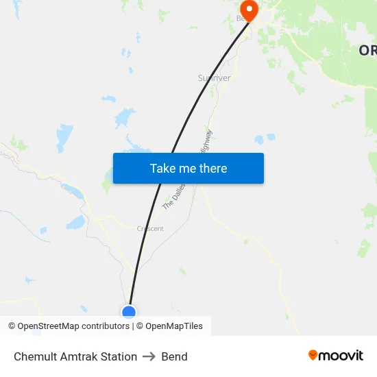 Chemult Amtrak Station to Bend map