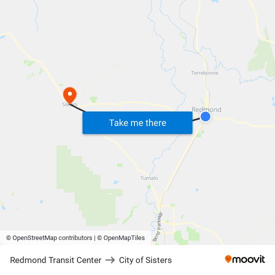 Redmond Transit Center to City of Sisters map