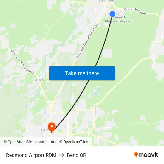 Redmond Airport RDM to Bend OR map