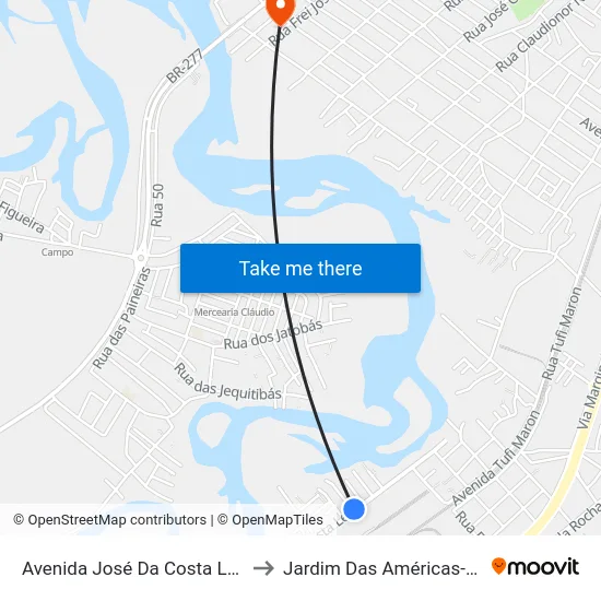Avenida José Da Costa Leite, 388 to Jardim Das Américas-Curitiba map