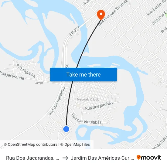 Rua Dos Jacarandas, 297 to Jardim Das Américas-Curitiba map