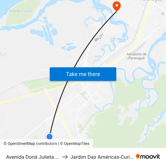 Avenida Doná Julieta 166 to Jardim Das Américas-Curitiba map