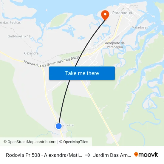 Rodovia Pr 508 - Alexandra/Matinhos (Colônia Maria Luiza) to Jardim Das Américas-Curitiba map