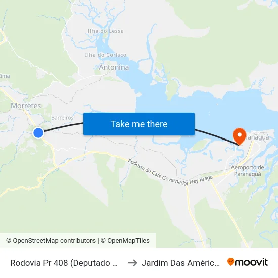 Rodovia Pr 408 (Deputado Miguel Bufara) to Jardim Das Américas-Curitiba map