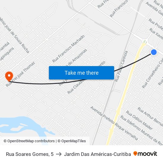 Rua Soares Gomes, 5 to Jardim Das Américas-Curitiba map