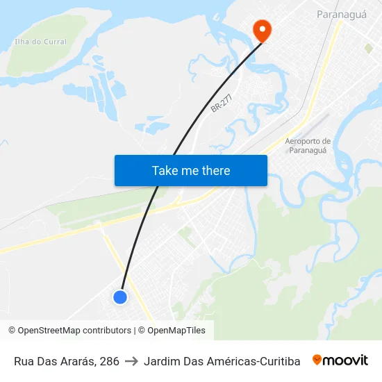 Rua Das Ararás, 286 to Jardim Das Américas-Curitiba map