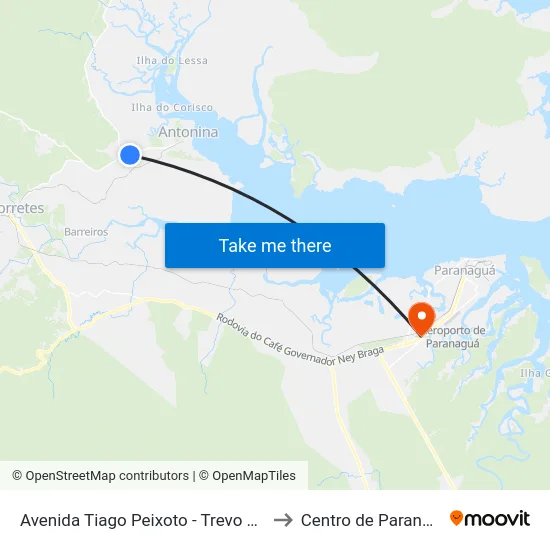 Avenida Tiago Peixoto - Trevo Pr 340 to Centro de Paranaguá map
