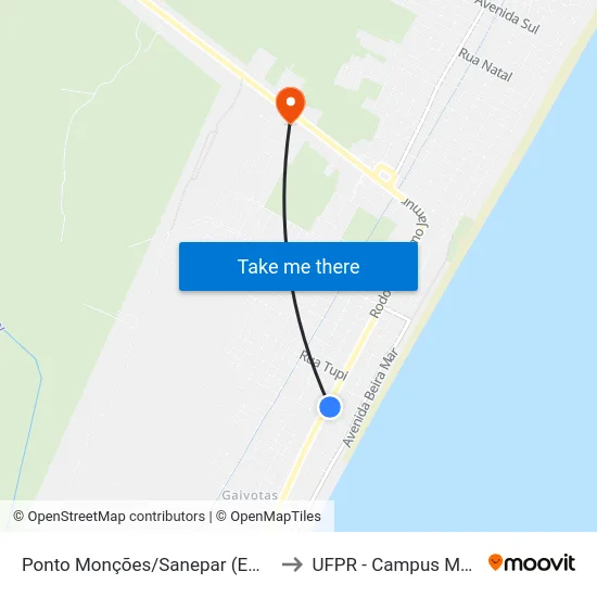 Ponto Monções/Sanepar (Embarque) to UFPR - Campus Marissol map