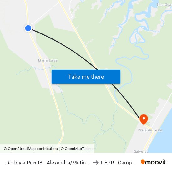 Rodovia Pr 508 - Alexandra/Matinhos (Colônia São Luiz) to UFPR - Campus Marissol map