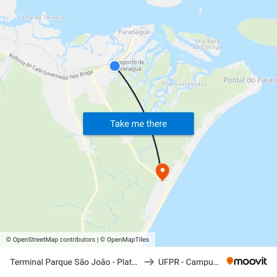 Terminal Parque São João - Plataforma Esperança to UFPR - Campus Marissol map