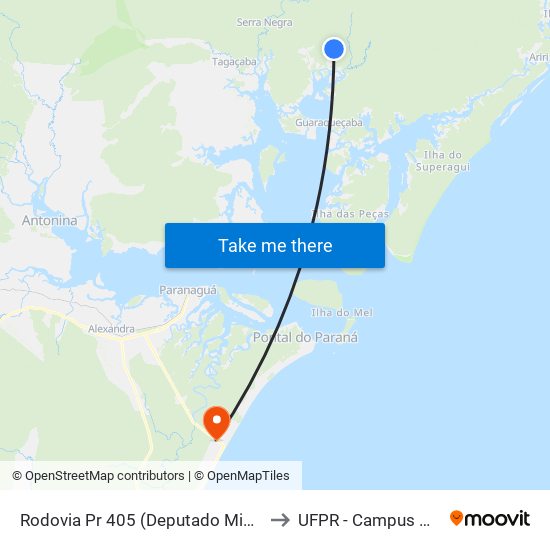 Rodovia Pr 405 (Deputado Miguel Bufara) to UFPR - Campus Marissol map
