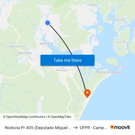 Rodovia Pr 405 (Deputado Miguel Bufara)  - Rio Cachoeira to UFPR - Campus Marissol map