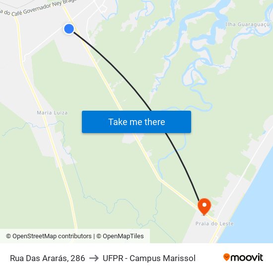 Rua Das Ararás, 286 to UFPR - Campus Marissol map