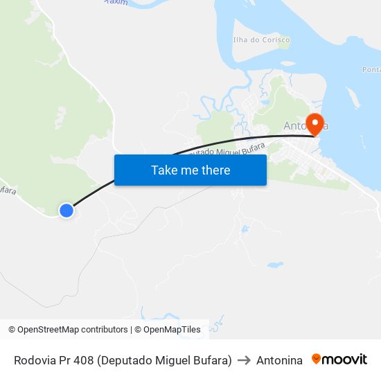 Rodovia Pr 408 (Deputado Miguel Bufara) to Antonina map