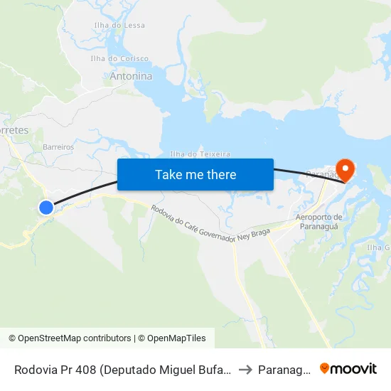 Rodovia Pr 408 (Deputado Miguel Bufara) to Paranaguá map