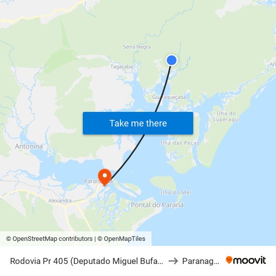 Rodovia Pr 405 (Deputado Miguel Bufara) to Paranaguá map