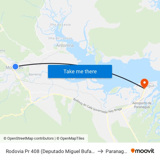 Rodovia Pr 408 (Deputado Miguel Bufara) to Paranaguá map