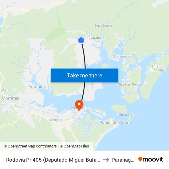 Rodovia Pr 405 (Deputado Miguel Bufara) to Paranaguá map