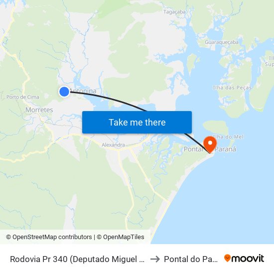 Rodovia Pr 340 (Deputado Miguel Bufara) to Pontal do Paraná map