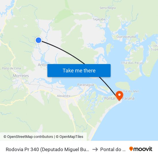 Rodovia Pr 340 (Deputado Miguel Bufara) to Pontal do Sul map