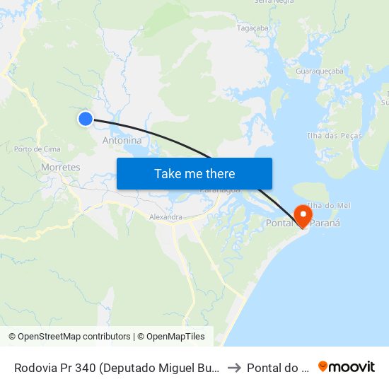 Rodovia Pr 340 (Deputado Miguel Bufara) to Pontal do Sul map