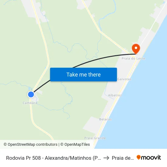 Rodovia Pr 508 - Alexandra/Matinhos (Parque Águas Claras) to Praia de Leste map
