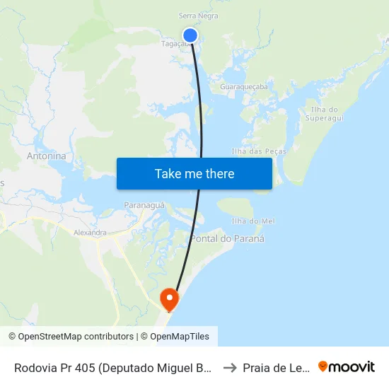 Rodovia Pr 405 (Deputado Miguel Bufara) to Praia de Leste map