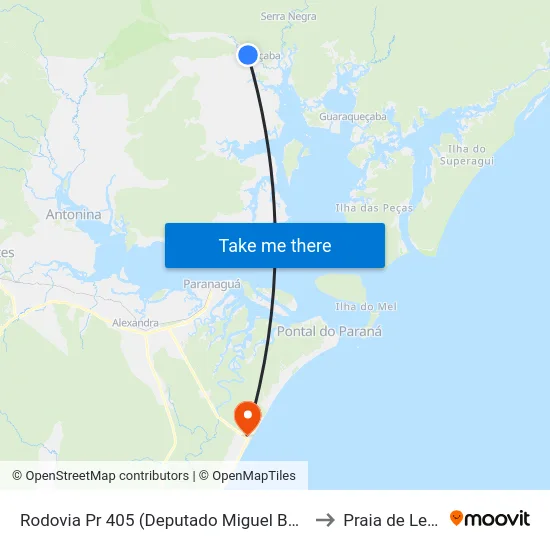 Rodovia Pr 405 (Deputado Miguel Bufara) to Praia de Leste map