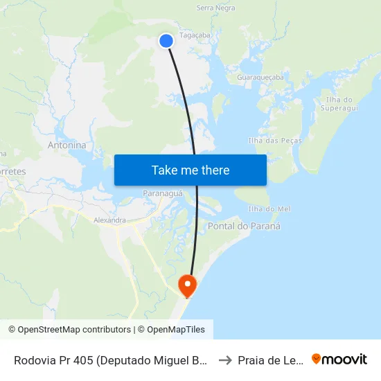 Rodovia Pr 405 (Deputado Miguel Bufara) to Praia de Leste map