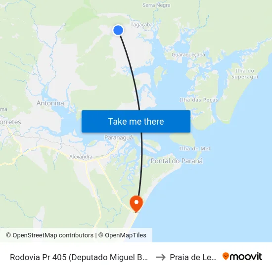 Rodovia Pr 405 (Deputado Miguel Bufara) to Praia de Leste map