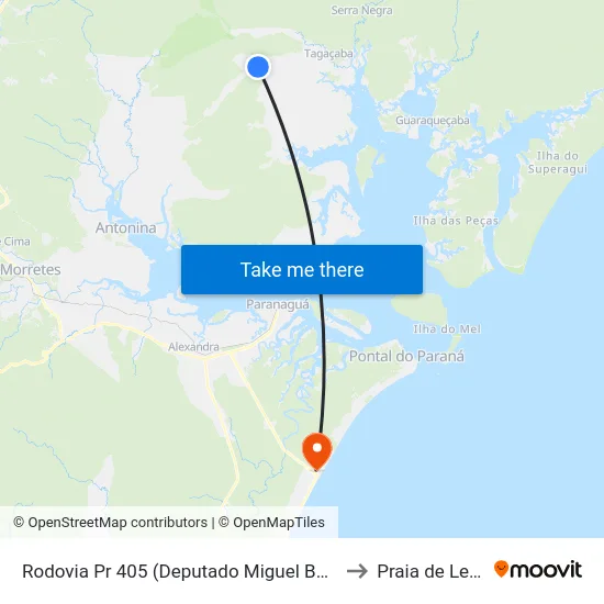 Rodovia Pr 405 (Deputado Miguel Bufara) to Praia de Leste map