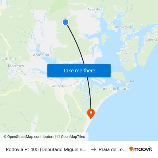 Rodovia Pr 405 (Deputado Miguel Bufara) to Praia de Leste map