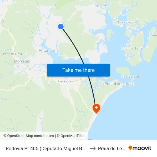 Rodovia Pr 405 (Deputado Miguel Bufara) to Praia de Leste map