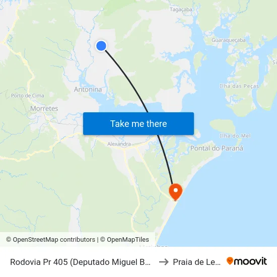Rodovia Pr 405 (Deputado Miguel Bufara) to Praia de Leste map