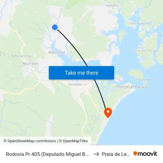 Rodovia Pr 405 (Deputado Miguel Bufara) to Praia de Leste map