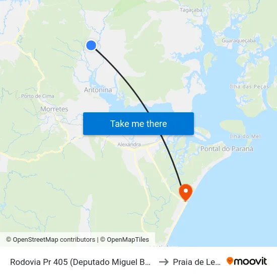 Rodovia Pr 405 (Deputado Miguel Bufara) to Praia de Leste map