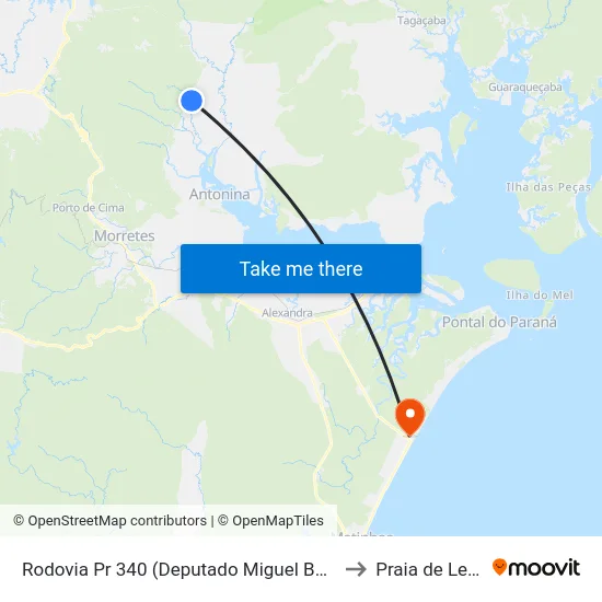 Rodovia Pr 340 (Deputado Miguel Bufara) to Praia de Leste map