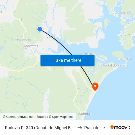 Rodovia Pr 340 (Deputado Miguel Bufara) to Praia de Leste map