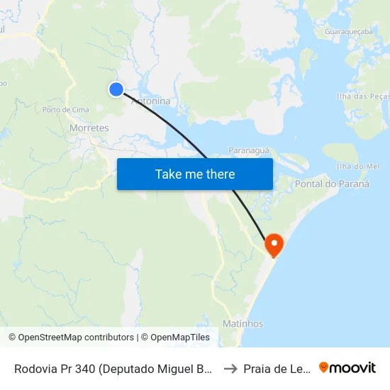 Rodovia Pr 340 (Deputado Miguel Bufara) to Praia de Leste map