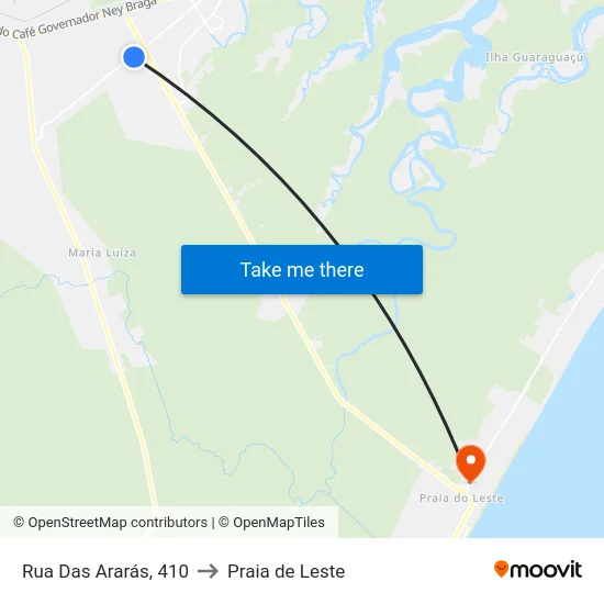 Rua Das Ararás, 410 to Praia de Leste map
